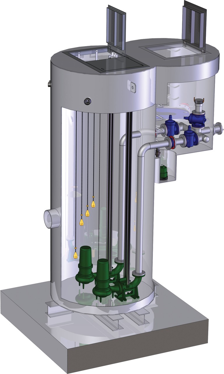 Lift station illustration showing wastewater pumps, level floats, valves, and discharge piping
