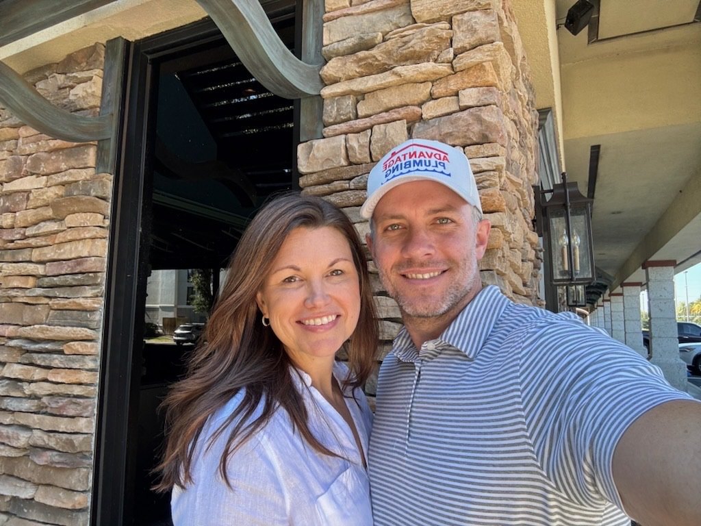 Todd and Nikki Lomerson together, with Todd wearing an Advantage Plumbing cap