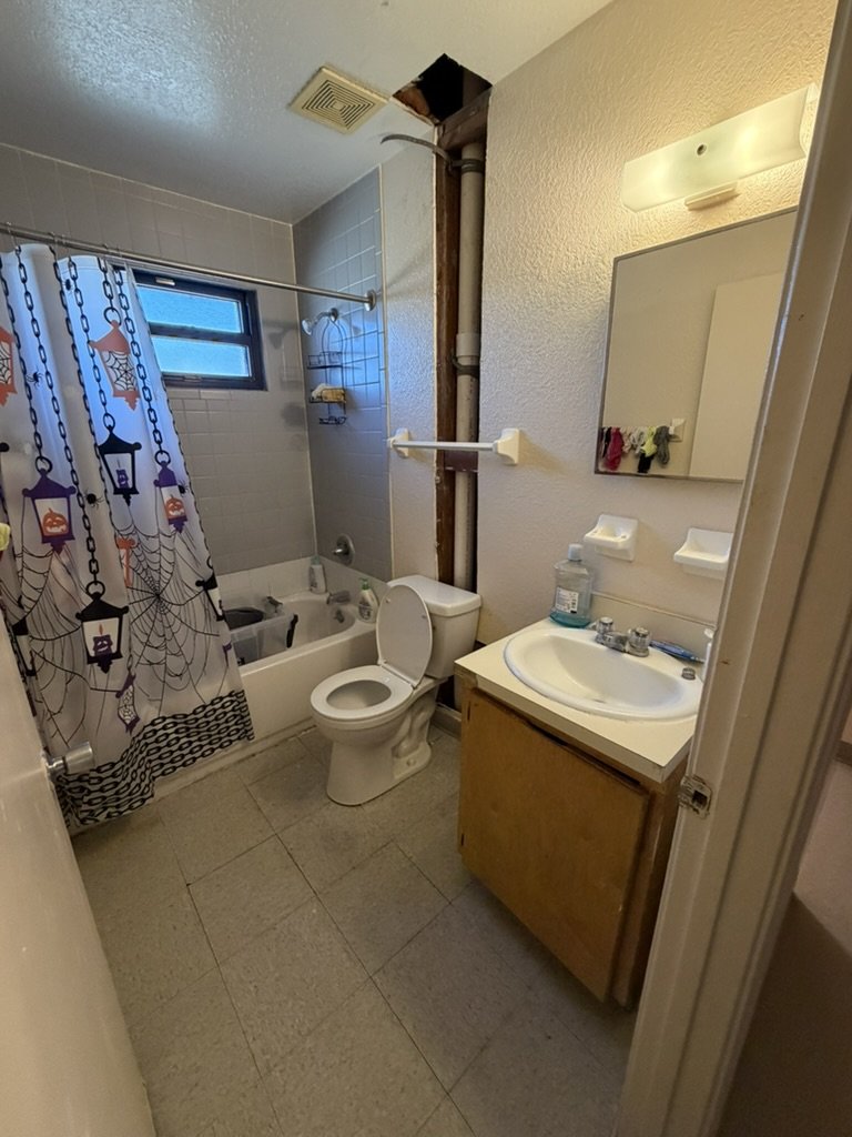 New vertical PVC stack visible in the bathroom wall with the toilet reset