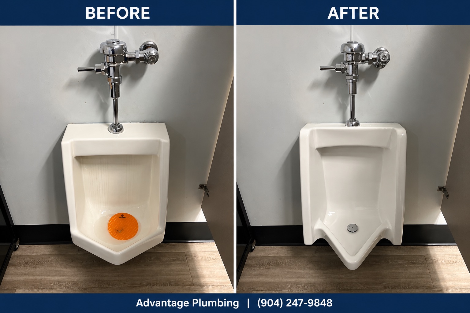 Before and after a preschool urinal replacement: old fixture with orange screen on the left, new fixture on the right