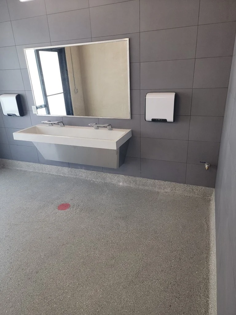 Double commercial lavatory and faucets installed at a recent project