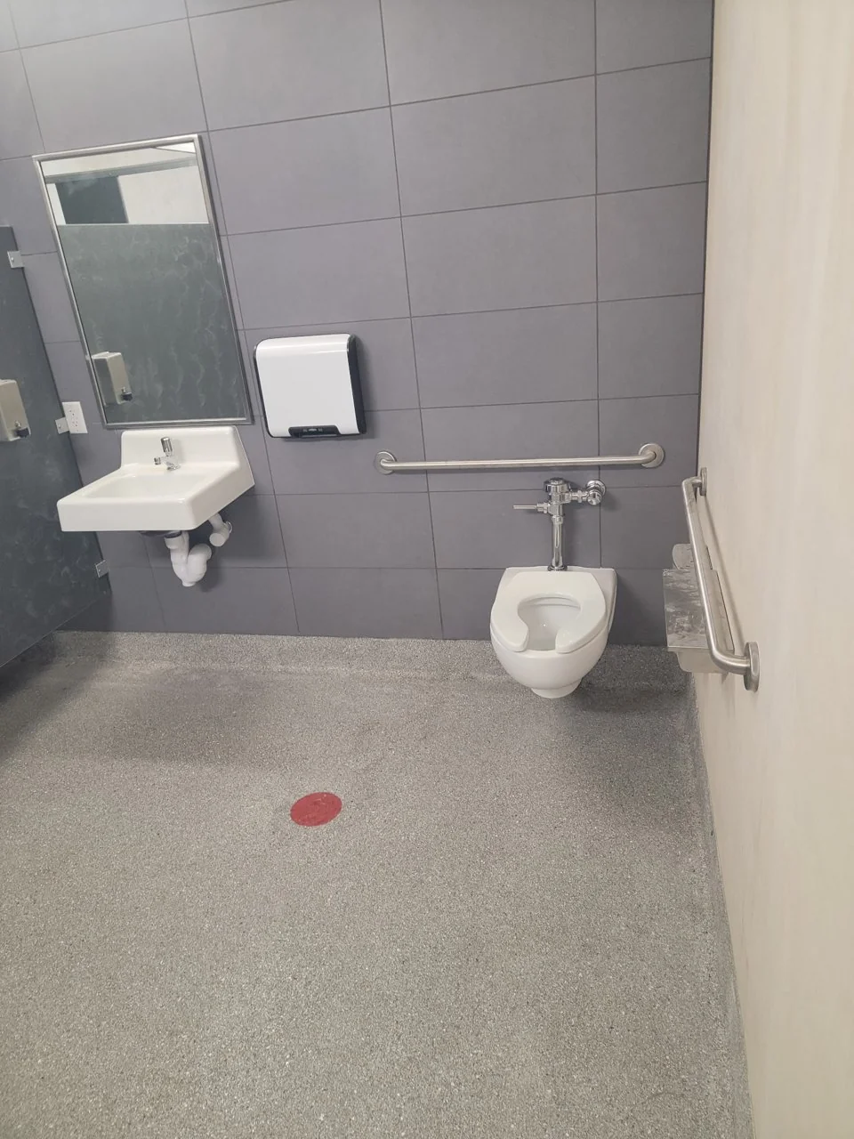 Wall-mounted toilet, sink, and grab rails at the Madison commercial construction project