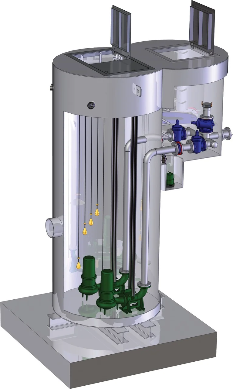 Lift station illustration showing wastewater pumps, level floats, valves, and discharge piping